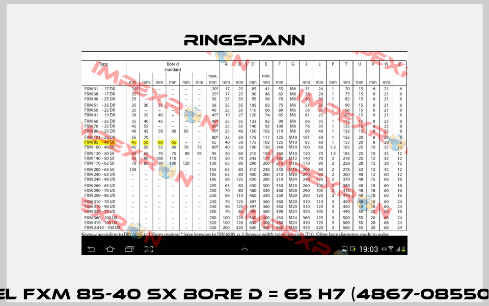 Freewheel FXM 85-40 SX bore D = 65 H7 (4867-085501-065H44) Ringspann